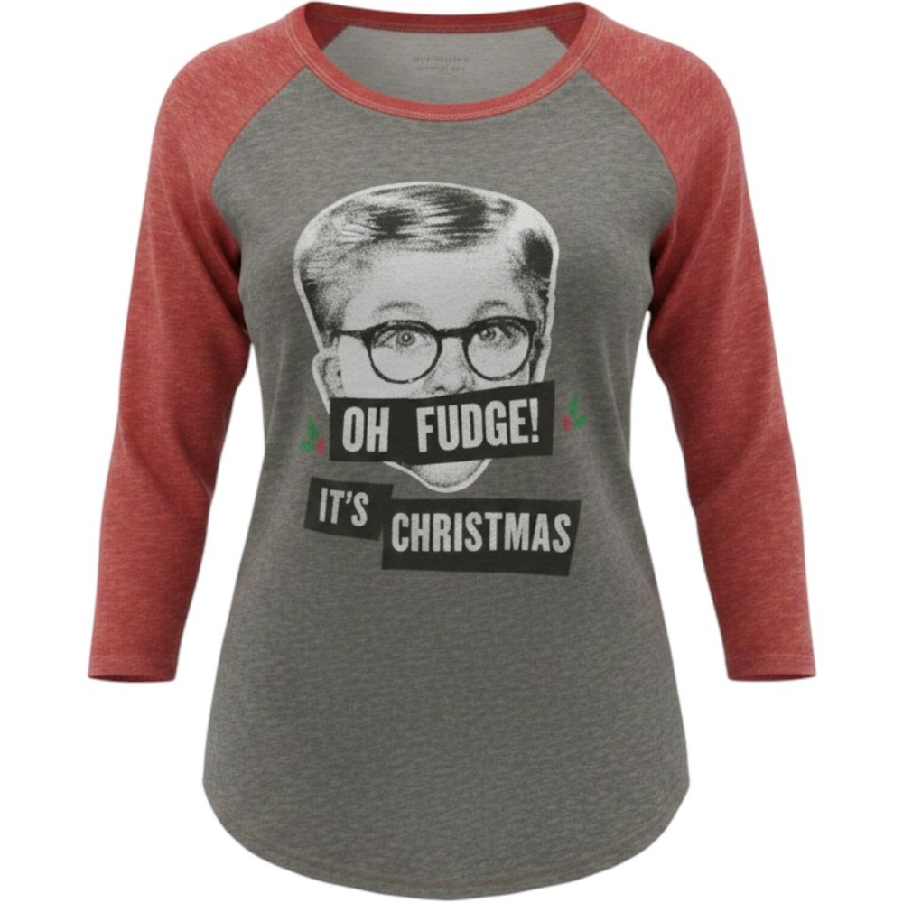 Rock & Republic A Christmas Story Ralphie Oh Fudge Raglan Tee Grey Red XL NEW